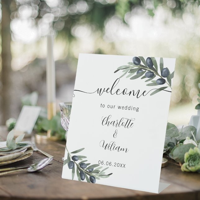 Wedding olive greenery leaf welcome pedestal sign (Creator Uploaded)