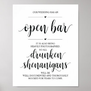 Wedding Open Bar, drunken shenanigans sign