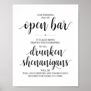 Wedding Open Bar, drunken shenanigans sign