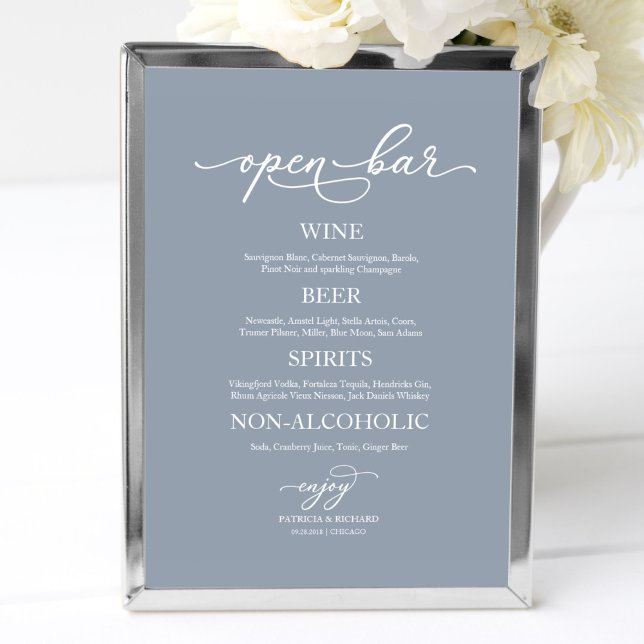 Wedding Open Bar Elegant Dusty Blue Sign (Creator Uploaded)