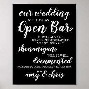 Wedding Open Bar Funny Drunken Shenanigans Sign