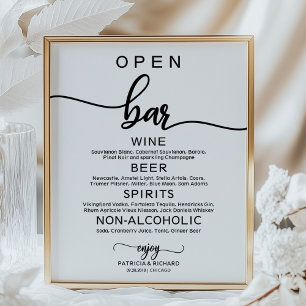 Wedding Open Bar Menu Sign Rustic Chic Calligraphy