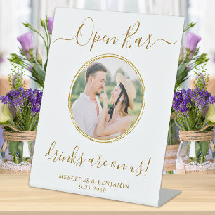 Wedding Open Bar Personalised Elegant Gold Photo  Pedestal Sign