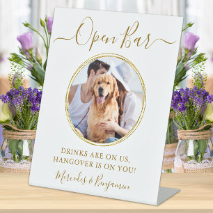 Wedding Open Bar Personalised Gold Pet Dog Drinks  Pedestal Sign
