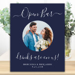 Wedding Open Bar Personalised Navy Blue Photo Poster<br><div class="desc">Open Bar ! Simple yet elegant calligraphy, this wedding bar sign features Open bar in elegant calligraphy, and Drinks are on us. Customise this elegant wedding sign with your favourite engagement photo or couple photo, names and date! COPYRIGHT © 2020 Judy Burrows, Black Dog Art - All Rights Reserved. Wedding...</div>