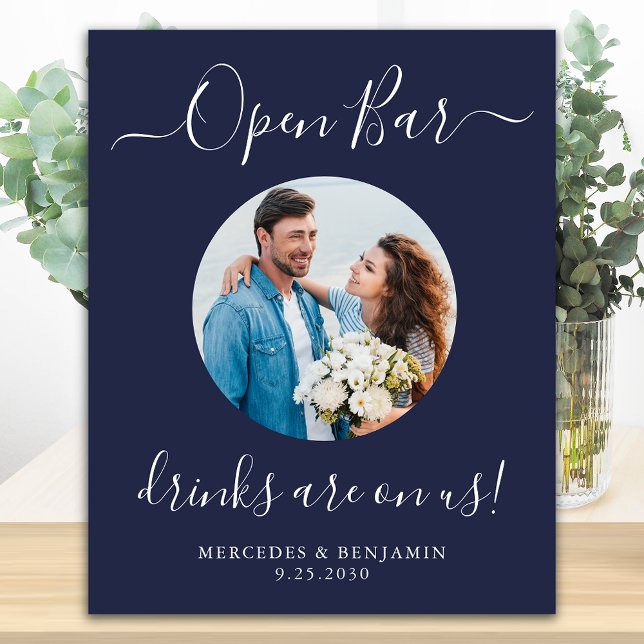 Wedding Open Bar Personalised Navy Blue Photo Poster (Creator Uploaded)