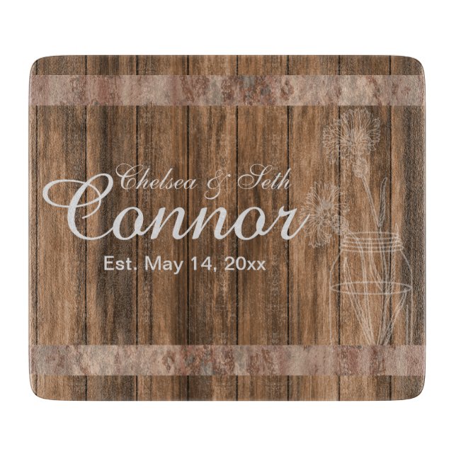 Wedding or Anniversary Barn Wood Mason Jar Cutting Board (Front)