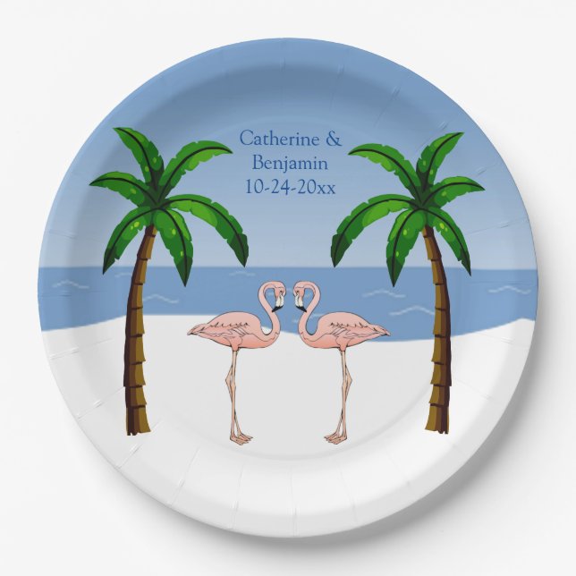 Wedding or Engagement Flamingos Beach Palm Trees Paper Plate (Front)