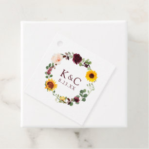 Wedding or Shower Sunflower and Burgundy Roses Favour Tags
