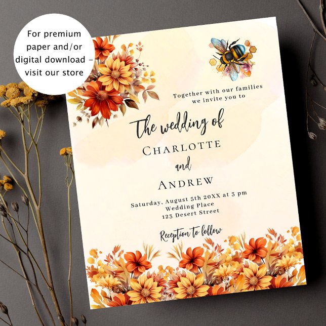 Wedding orange florals bee budget invitation (Creator Uploaded)