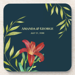 Wedding Orange Lily Illustration Dark Turquoise Coaster