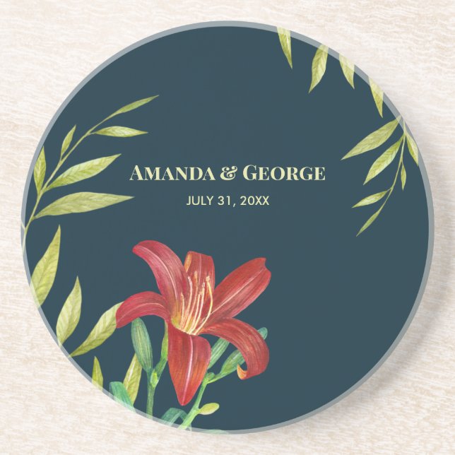 Wedding Orange Lily Illustration Dark Turquoise Coaster (Front)