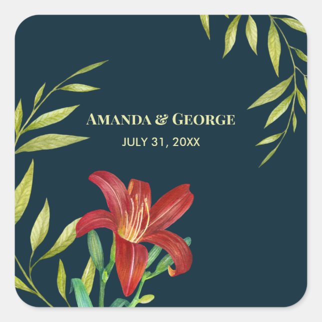 Wedding Orange Lily Illustration Dark Turquoise Square Sticker (Front)