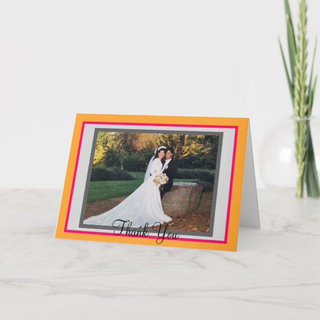 Wedding Orange Raspberry Photo Thank You Card (Front)