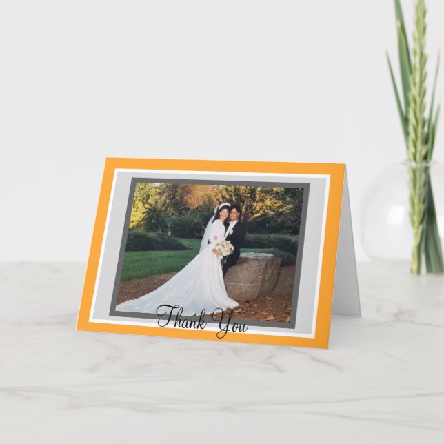Wedding Orange White Photo Thank You Card (Front)