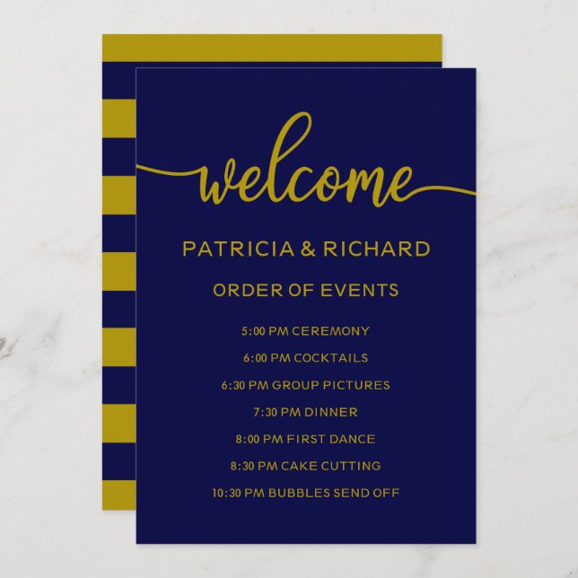 Wedding Order of Events Gold Navy Blue Schedule Invitation (Front/Back)