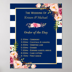 Wedding Order of The Day Floral Navy Blue Stripes Poster