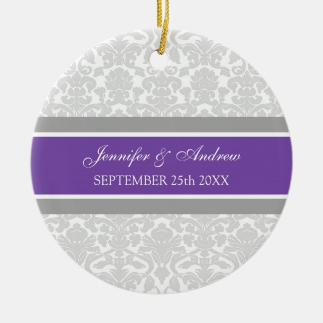 Wedding Ornament Favour Grey Plum Damask (Front)