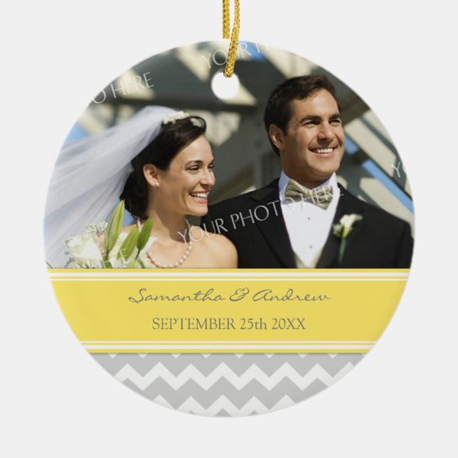Wedding Ornament Favour Grey Yellow Chevron (Front)