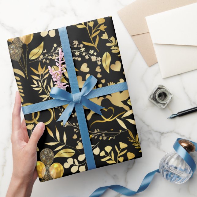 Wedding ornaments pattern in Gold 02 Black BG Wrapping Paper (Gifting)