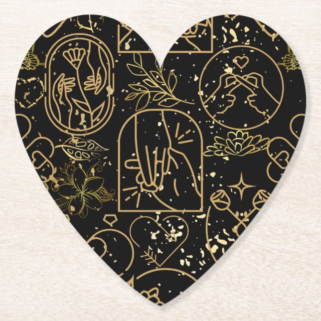 Wedding ornaments pattern in Gold Black BG Paper Coaster (Front)