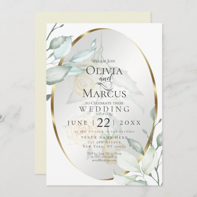 Wedding | Oval Watercolor Ivory Yellow Blush Roses Invitation (Front/Back)