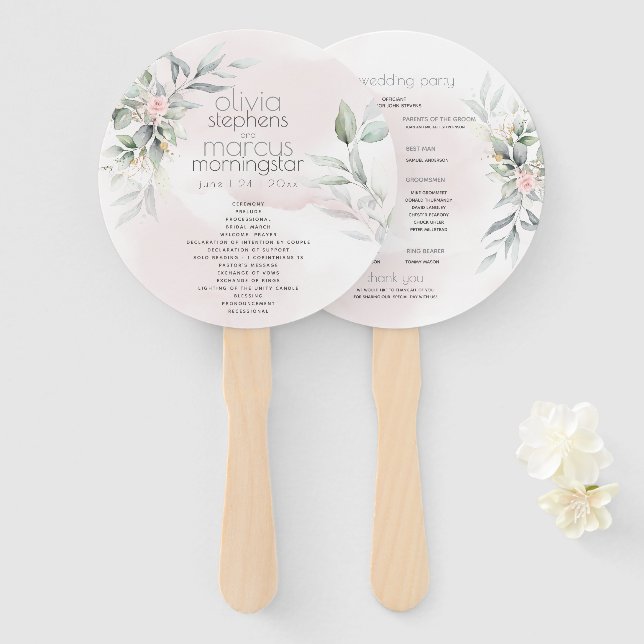 Wedding | Pale Pink Flowers Silver Sage Leaves Hand Fan (Front and Back)