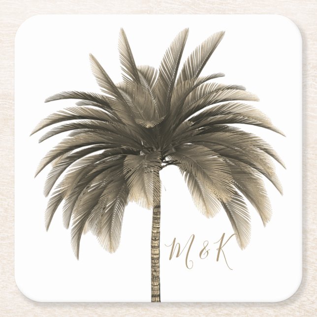 Wedding Palm Tree Elegant Retro Chic  Square Paper Coaster (Front)