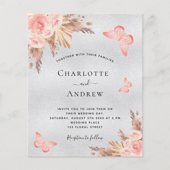 Wedding pampas blush butterfly silver budget flyer (Front)