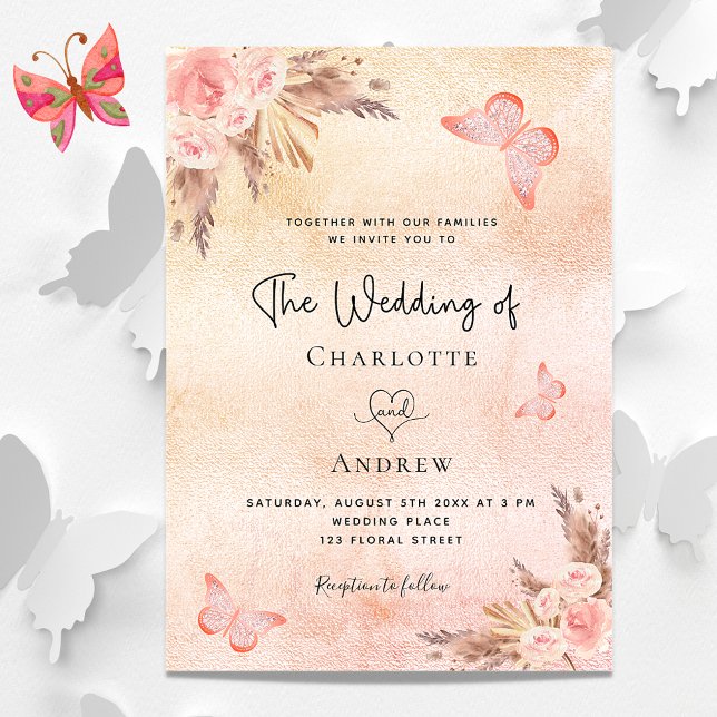 Wedding pampas grass blush rose floral butterfly invitation (Creator Uploaded)