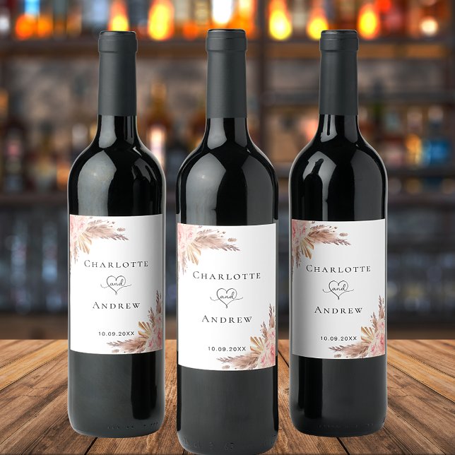 Wedding pampas grass rose gold blush pink wine label (Creator Uploaded)