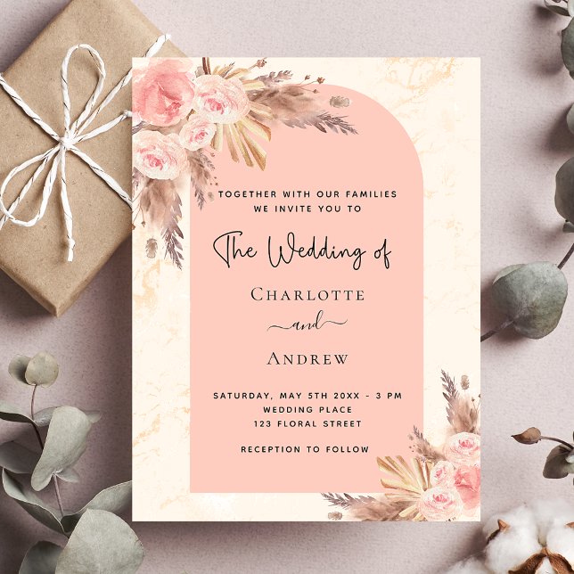 Wedding pampas grass rose gold budget invitation flyer (Creator Uploaded)