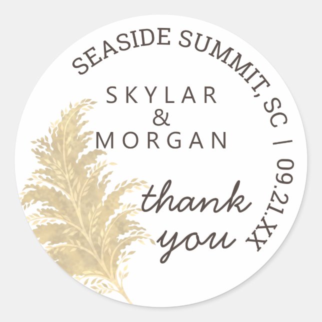 Wedding Pampas Grass Tan On White Thank You Classic Round Sticker (Front)