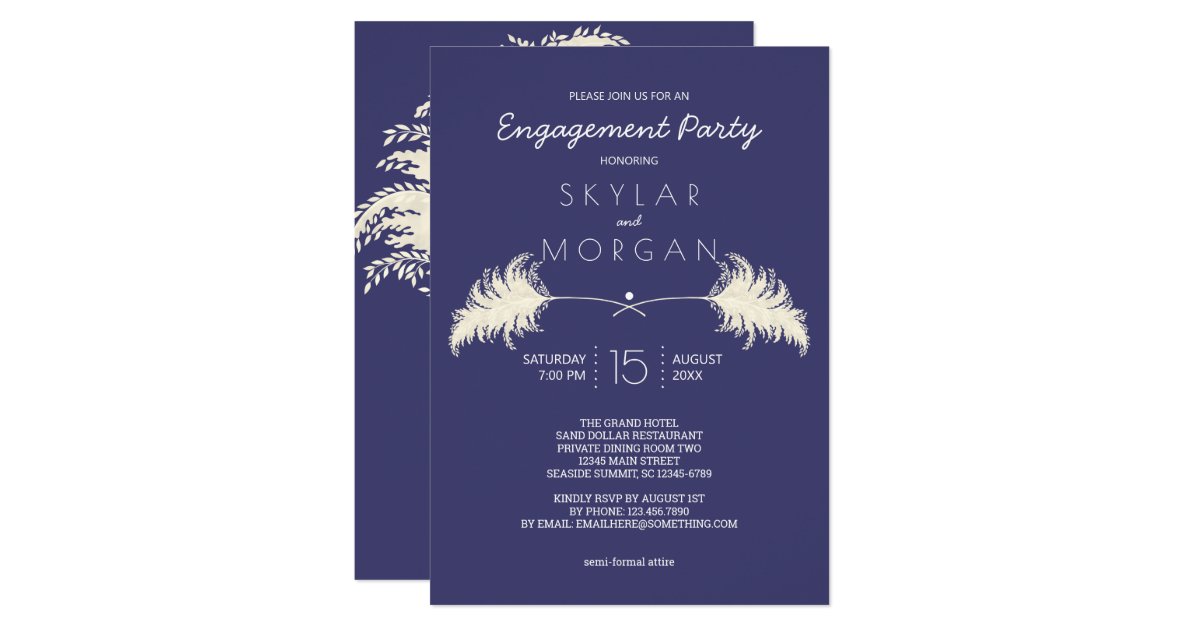 Wedding Pampas Grass White On Navy Engagement Invitation Zazzle Com Au