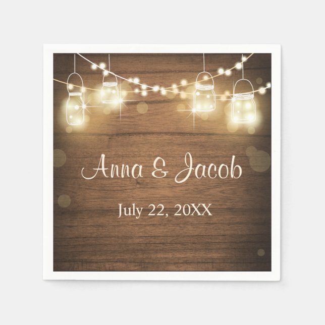 Wedding paper napkins Rustic wood string lights (Front)