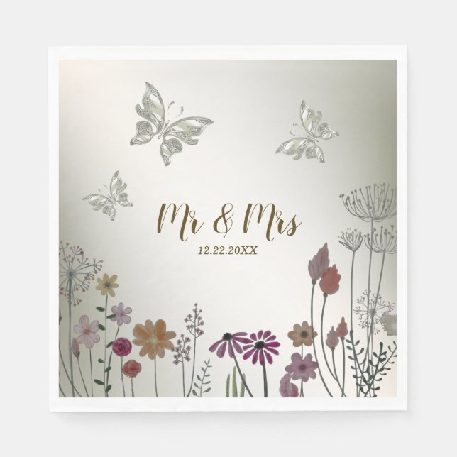 Wedding Party Colourful Garden Flowers Butterflies Napkin (Front)