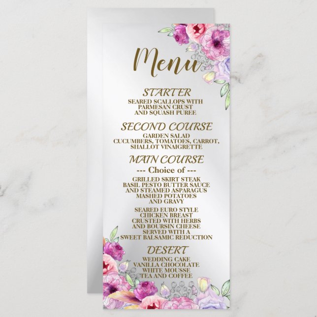 Wedding Party Colourful Pink Floral Golden Frame Menu (Front/Back)