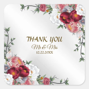 Wedding Party Colourful Red Floral Silver Elegant Square Sticker