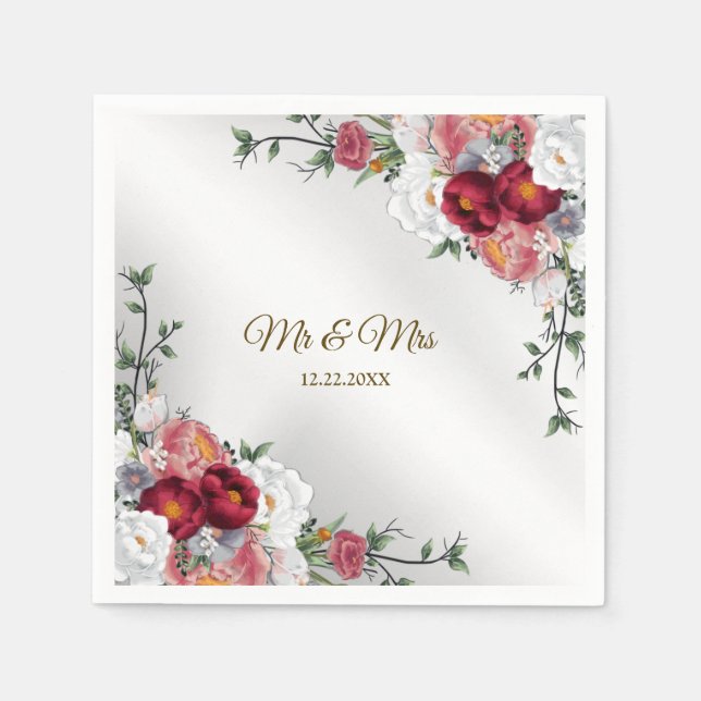 Wedding Party Colourful Red White Floral Silver Napkin (Front)