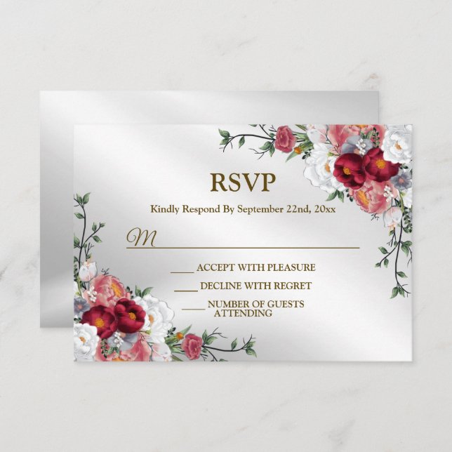 Wedding Party Colourful Red White Floral Silver RSVP Card (Front/Back)