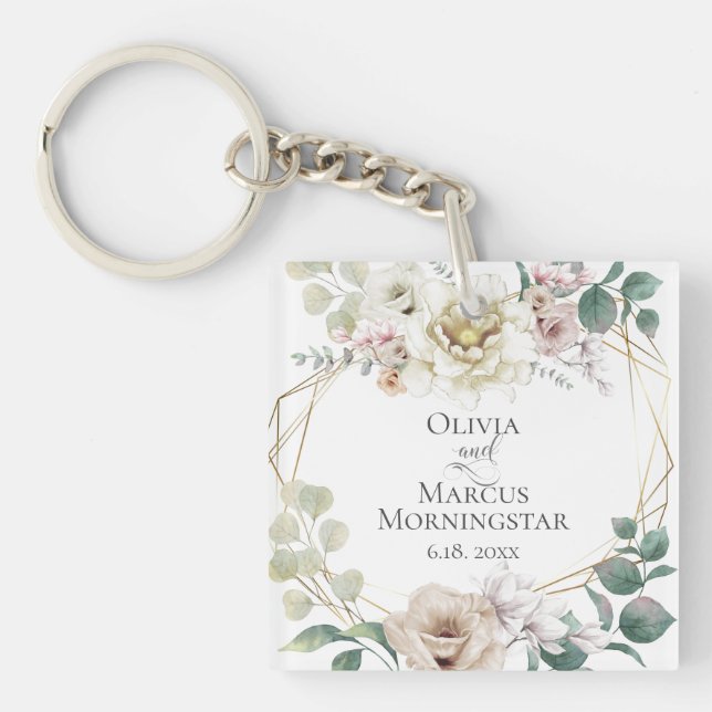 Wedding Party Gift Ivory Watercolor Peony Key Ring (Front)
