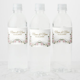 Wedding Party Gift Pink Floral Silver Elegant Water Bottle Label