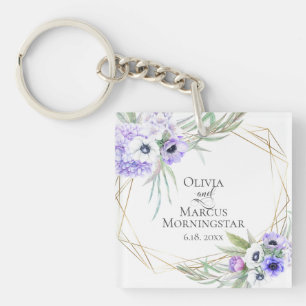 Wedding Party Gift Violet Anemone Floral Bouquet Key Ring
