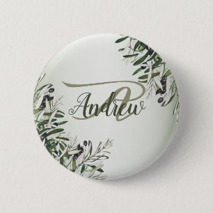 Wedding Party Green Leaves Black Olive Elegant 6 Cm Round Badge
