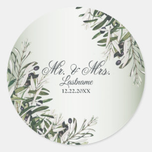 Wedding Party Green Leaves Black Olive Elegant Classic Round Sticker