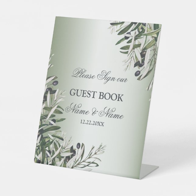 Wedding Party Green Leaves Black Olive Elegant Pedestal Sign (Front)