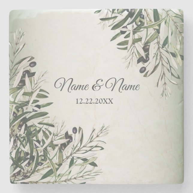 Wedding Party Green Leaves Black Olive Elegant Stone Coaster (Front)