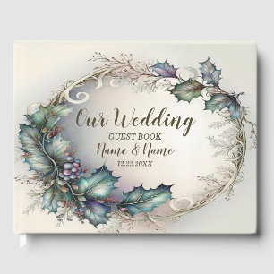 Wedding Party Green Purple Leaves Golden Elegant Guest Book
