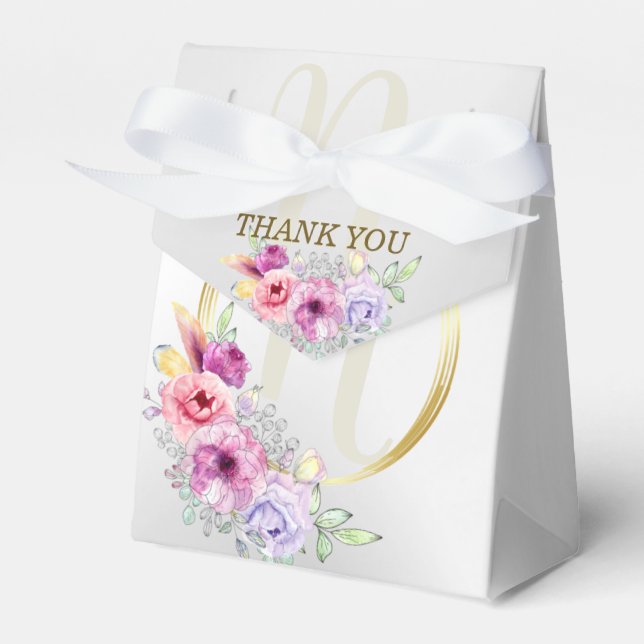 Wedding Party Monogram Colourful Pink Floral Golde Favour Box (Front Side)