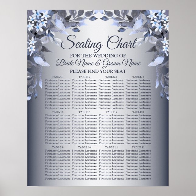 Wedding Party Navy Blue Floral Silver Grey Elegant Poster (Front)